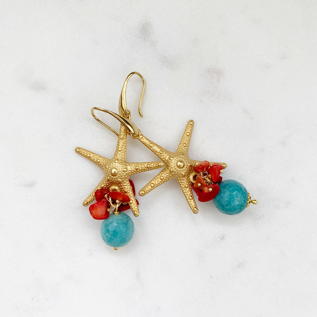 Ohrringe SICILY LOVE Seestern mit Jade und Koralle - 70mm Länge