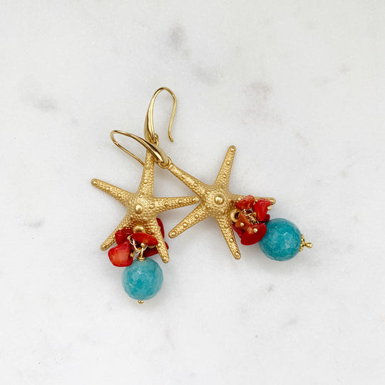 Ohrringe SICILY LOVE Seestern mit Jade und Koralle - 70mm Länge