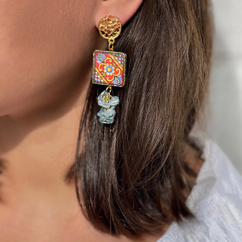 Ohrringe SICILY LOVE sizilianische Keramik mit Aquamarinen - 65 mm Länge