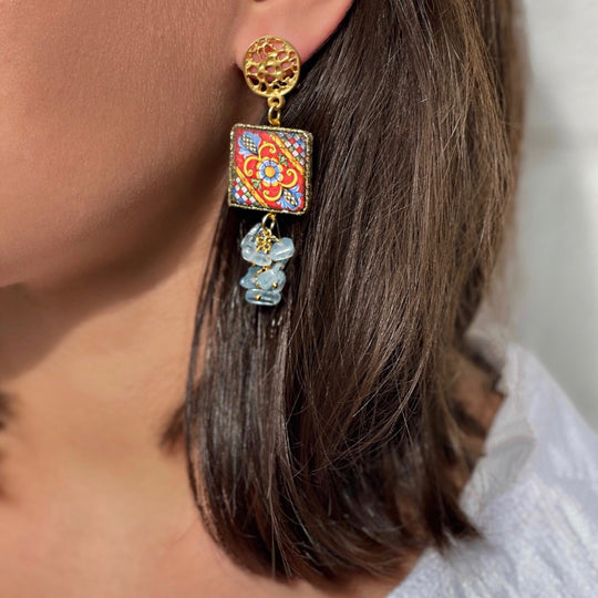 Ohrringe SICILY LOVE sizilianische Keramik mit Aquamarinen - 65 mm Länge