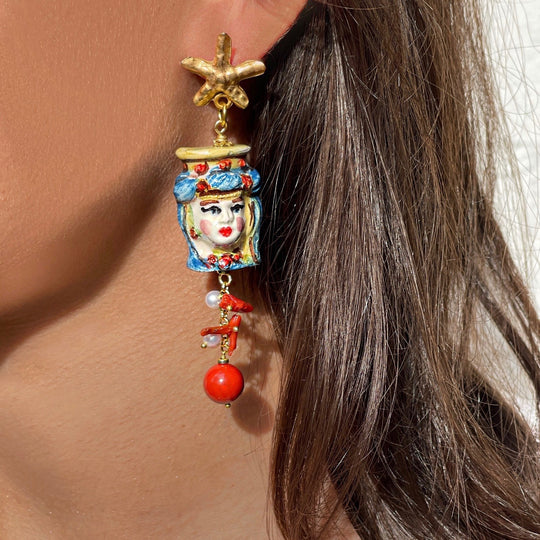 Ohrringe SICILY LOVE handbemalte Keramikköpfe mit Edelsteinen - 80 mm Länge