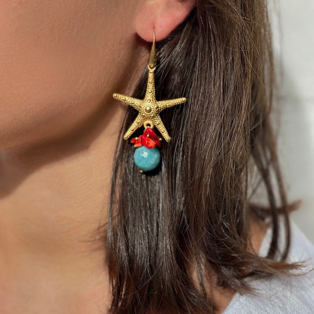 Ohrringe SICILY LOVE Seestern mit Jade und Koralle - 70mm Länge